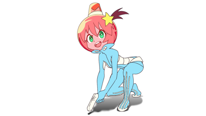 blue_eyes blue_suit emiladylbekuulu formal_clothes gun hair_ornament helmet holding holding_gun holding_weapon luluco non-web_source pink_helmet ponytail star_(symbol) star_hair_ornament suit trigger_(company) uchuu_patrol_luluco weapon