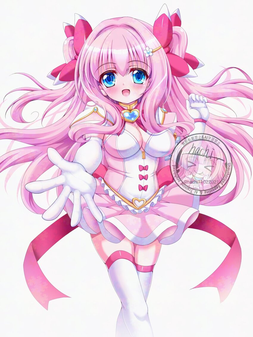 1girl :d back_bow blue_eyes blush bow breasts brooch crossed_legs dot_nose elbow_gloves gloves hachi_(hachi11022021) hair_bow hair_intakes hair_ornament hairclip heart heart_brooch highres jewelry large_breasts long_hair looking_at_viewer magical_girl miniskirt open_mouth oppai_loli original outstretched_hand pink_bow pink_hair pink_skirt pleated_skirt reaching reaching_towards_viewer signature skirt smile solo thighhighs two_side_up watermark white_background white_gloves white_thighhighs zettai_ryouiki
