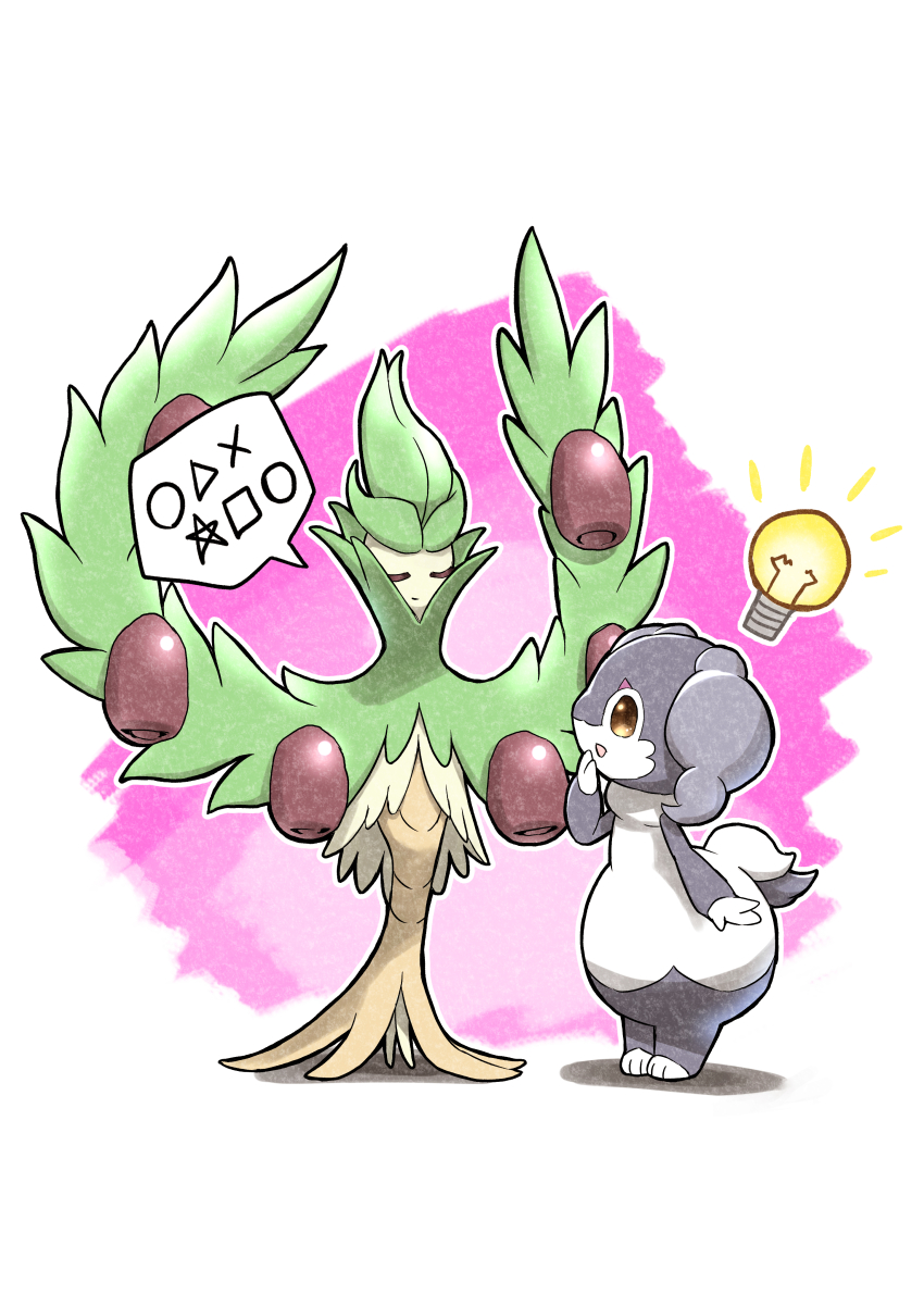 absurdres arboliva brown_eyes circle closed_eyes commentary_request facing_another full_body gen_8_pokemon hand_to_own_mouth highres idea indeedee indeedee_(female) light_bulb looking_at_another multicolored_background nemaki_(nemaki87456) nintendo no_humans olive parted_lips pink_background pokemon pokemon_(creature) smile speech_bubble square standing star_(symbol) triangle white_background x