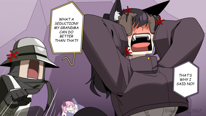 2boys 2girls anger_vein angry animal_ears armor bat_wings black_hair black_leggings blush brown_gloves cat_ears cat_girl cave chainmail commentary crop_top crop_top_overhang demon_girl demon_horns ear_blush embarrassed english_commentary english_text fang floating gloves gomulgong hat heart heart-shaped_eyes helmet highres holding holding_staff horns knife leggings mace multiple_boys multiple_girls no_pupils pink_hair ponytail shield shouting staff sweatdrop weapon wings wizard_hat