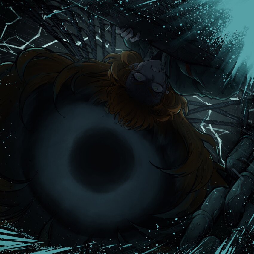 1girl chain clenched_teeth eyeball green_eyes highres ishmael_(project_moon) limbus_company long_hair ocean orange_hair project_moon rope sidelocks solo storm sweat teeth the_pallid_whale very_long_hair wide-eyed yatsumeunagi