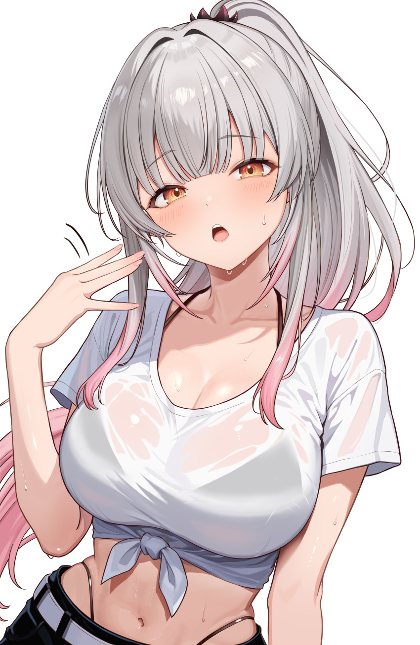 1girl absurdres black_panties black_pants blunt_bangs bra_visible_through_clothes breasts brown_eyes cleavage commentary_request daysss gradient_hair grey_hair highleg highleg_panties highres hot indie_virtual_youtuber large_breasts long_hair looking_at_viewer multicolored_hair navel open_mouth panties pants pink_hair ponytail see-through_clothes see-through_shirt shirt short_hair simple_background solo suou_patra sweat t-shirt teeth tied_shirt transparent_background two-tone_hair underwear upper_teeth_only virtual_youtuber wet wet_clothes wet_shirt white_background white_shirt
