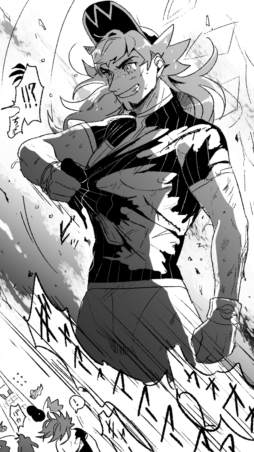 ! 2boys abs bad_id bad_twitter_id baseball_cap champion_uniform clenched_hand clenched_teeth commentary_request dirty duraludon dynamax_band facial_hair floating_hair gen_8_pokemon gigantamax gigantamax_duraludon greyscale guriya hat highres leon_(pokemon) long_hair male_focus monochrome multiple_boys nintendo nipples pokemon pokemon_(creature) pokemon_swsh raihan_(pokemon) shirt short_sleeves shorts spoken_exclamation_mark sweat tearing_clothes teeth torn_clothes wristband