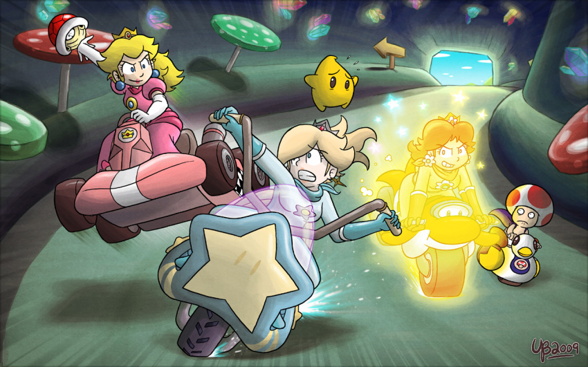 1boy 3girls annoyed blue_eyes bodysuit breasts crown dolphin_(mario) dress earrings evil_grin evil_smile flower_earrings gloves grin hair_over_one_eye jewelry kart koopa_shell looking_at_another luma_(mario) mario_(series) mario_kart mario_kart_wii medium_breasts motor_vehicle motorcycle multiple_girls mushroom nintendo pink_dress princess_daisy princess_peach racing red_shell_(mario) rosalina serious shell smile smug super_star_(mario) thebourgyman toad_(mario) tunnel worried