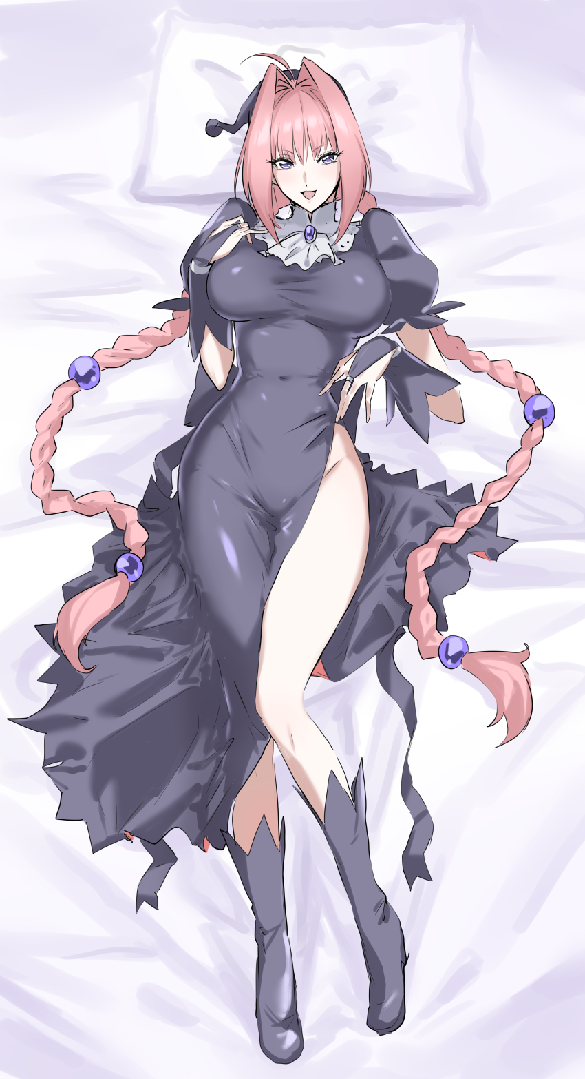 1girl absurdres dorothy_(marchen_awakens_romance) highres looking_at_viewer marchen_awakens_romance mogi_yasunobu moginiki on_bed pink_hair solo twintails