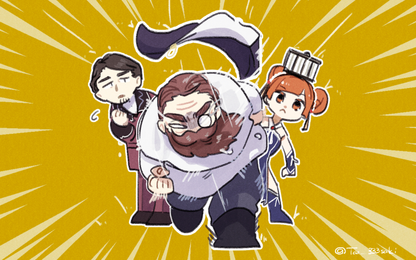 1girl 2boys beard birdcage black_footwear blue_footwear boots brown_hair cage charging_forward clenched_hand cloak denken_(sousou_no_frieren) double_bun dress emphasis_lines facial_hair flying_sweatdrops grey_pants hair_bun halter_dress halterneck hand_up incoming_attack incoming_punch jacket laufen_(sousou_no_frieren) leaning_forward leaning_to_the_side long_beard monocle multiple_boys object_on_head pants peeking_out punching purple_jacket purple_pants richter_(sousou_no_frieren) robe running short_hair simple_background sousou_no_frieren standing stubble tao_333saki unworn_cloak updo white_robe yellow_background