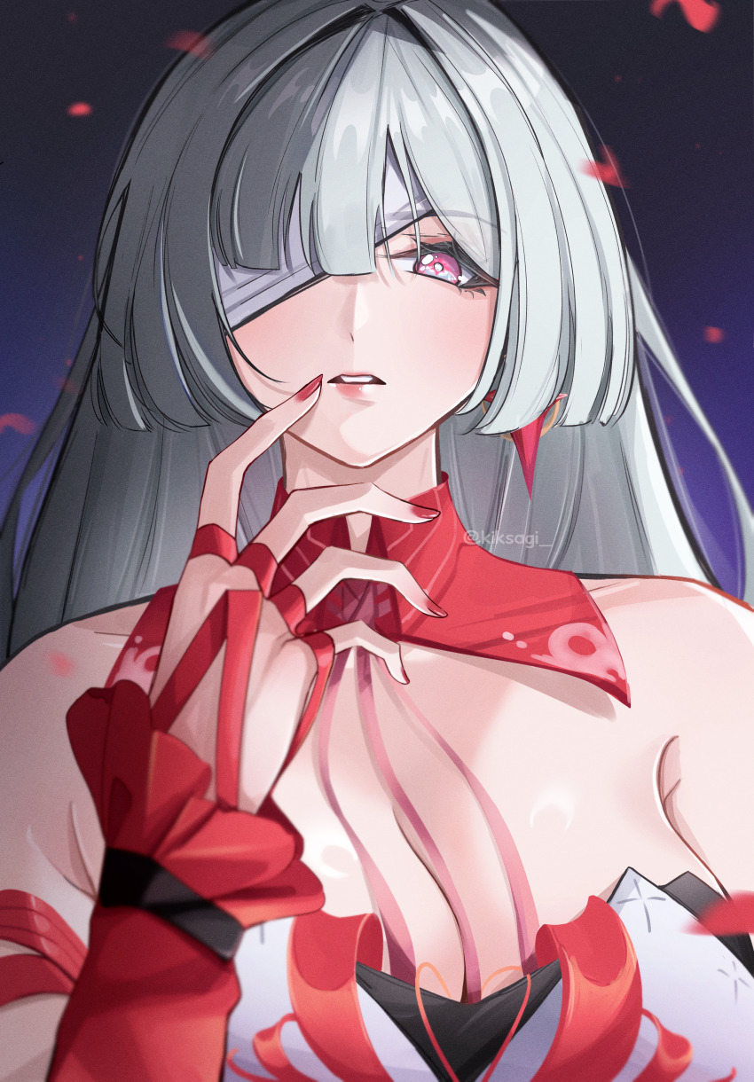 1girl absurdres bandage_over_one_eye bare_shoulders breasts cleavage commentary earrings fingernails grey_hair hand_up highres jewelry kisagii large_breasts long_fingernails long_hair looking_at_viewer nail_polish parted_lips phrolova_(wuthering_waves) portrait red_eyes red_nails solo wuthering_waves