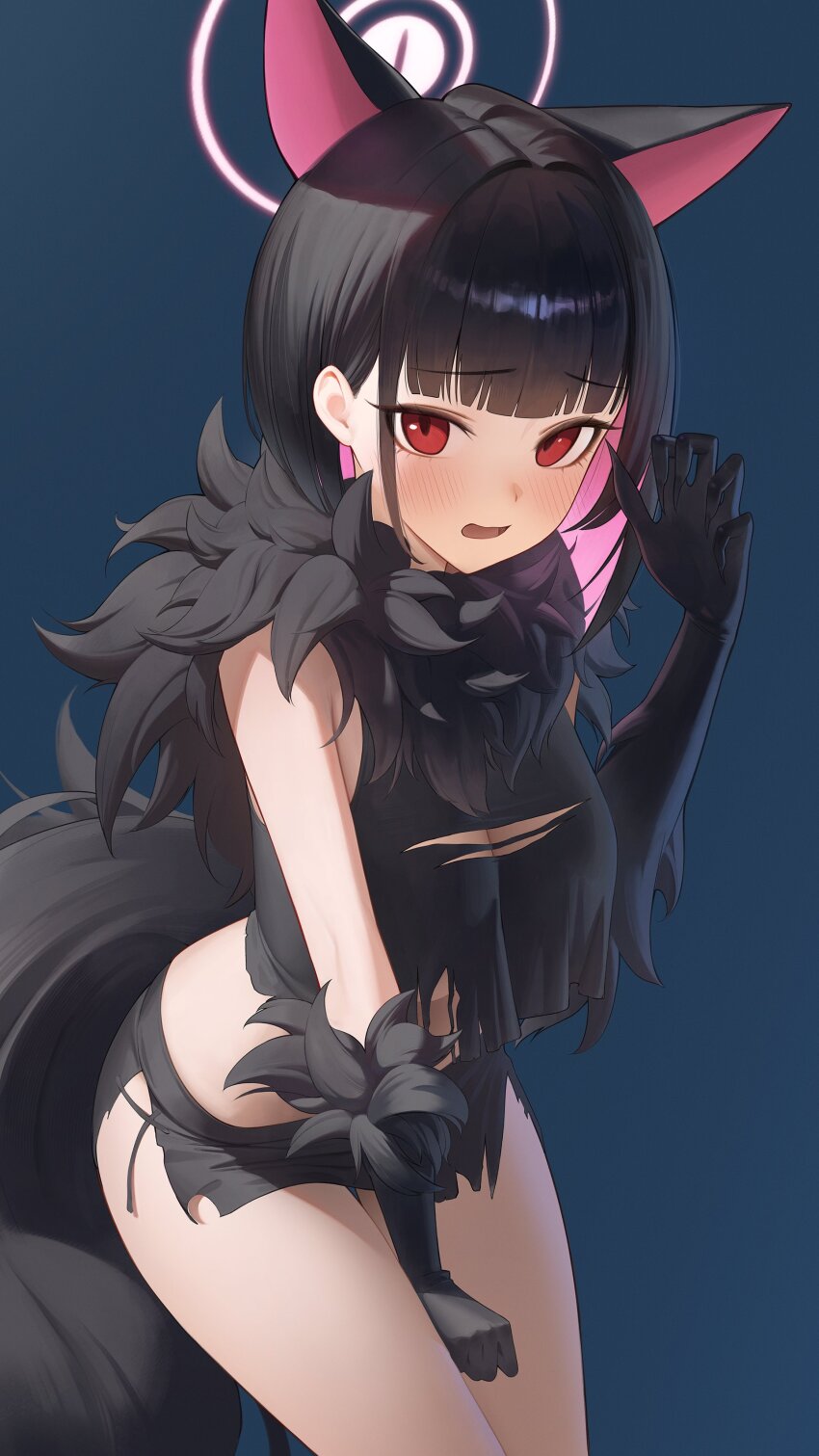 1girl absurdres animal_ears black_gloves black_hair black_shirt black_skirt black_tail blue_archive blue_background blush breasts cat_ears claw_pose colored_inner_animal_ears colored_inner_hair commentary_request cowboy_shot crop_top embarrassed extra_ears fingernails fur-trimmed_gloves fur_scarf fur_trim gloves hair_behind_ear halo hantata highres kazusa_(blue_archive) kazusa_(halloween)_(blue_archive) large_breasts looking_at_viewer microskirt multicolored_hair official_alternate_costume open_mouth pink_hair pink_halo red_eyes sharp_fingernails shirt short_hair simple_background skirt solo standing tail two-tone_hair very_long_fingernails werewolf_costume wolf_tail