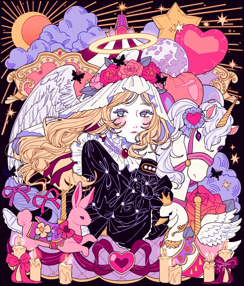 1girl absurdres animal balloon bird black_background blonde_hair bow candle carousel cloud colored_eyelashes eyelashes feathered_wings fire flower flower_wreath frills full_moon gem grey_eyes halo head_wreath highres horse lips long_hair looking_to_the_side makeup moon mtirn3373 original parted_lips pink_bow pink_flower pink_rose rabbit rose rouge_(makeup) solo star_(symbol) sun swan upper_body white_wings wings wreath yellow_halo