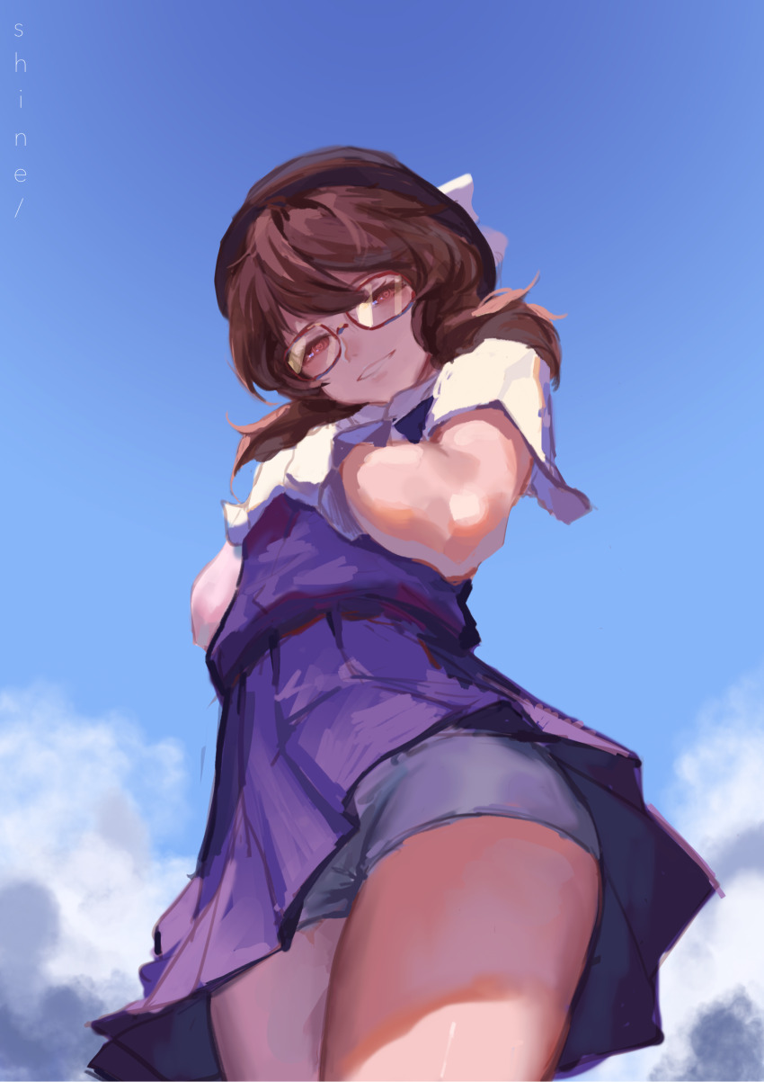 1girl absurdres black_hat blue_sky bow brown_hair cloud commission cowboy_shot fedora from_below gloves hands_on_own_chest hat hat_bow heart heart-shaped_pupils highres looking_at_viewer low_twintails medium_hair outdoors panties parted_lips purple_skirt purple_vest red-framed_eyewear red_eyes short_sleeves skirt sky smile solo symbol-shaped_pupils touhou twintails underwear upskirt usami_sumireko vest wb_yimo white_bow white_gloves white_panties