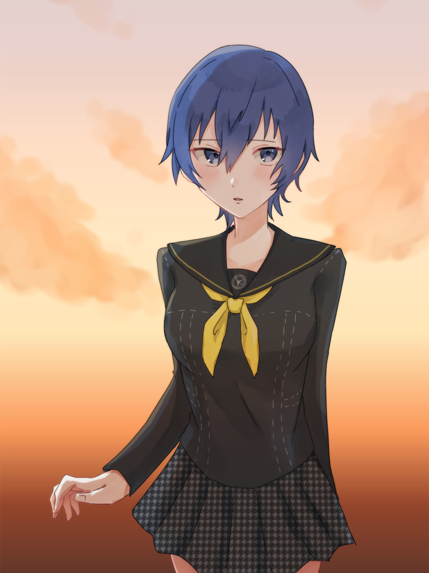 1girl black_sailor_collar black_shirt black_skirt blue_eyes blue_hair blush commentary_request hair_between_eyes highres konpekisan long_sleeves looking_at_viewer neckerchief official_alternate_costume persona persona_4 pleated_skirt sailor_collar school_uniform shirogane_naoto shirt short_hair skirt solo yasogami_school_uniform yellow_neckerchief
