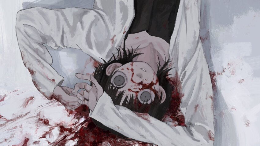 1boy black_hair blood blood_on_clothes blood_on_face blood_on_hands blood_on_snow end80236189 from_above grey_eyes highres long_sleeves lying male_focus original pale_skin parted_lips shirt snow solo upside-down white_shirt wide-eyed