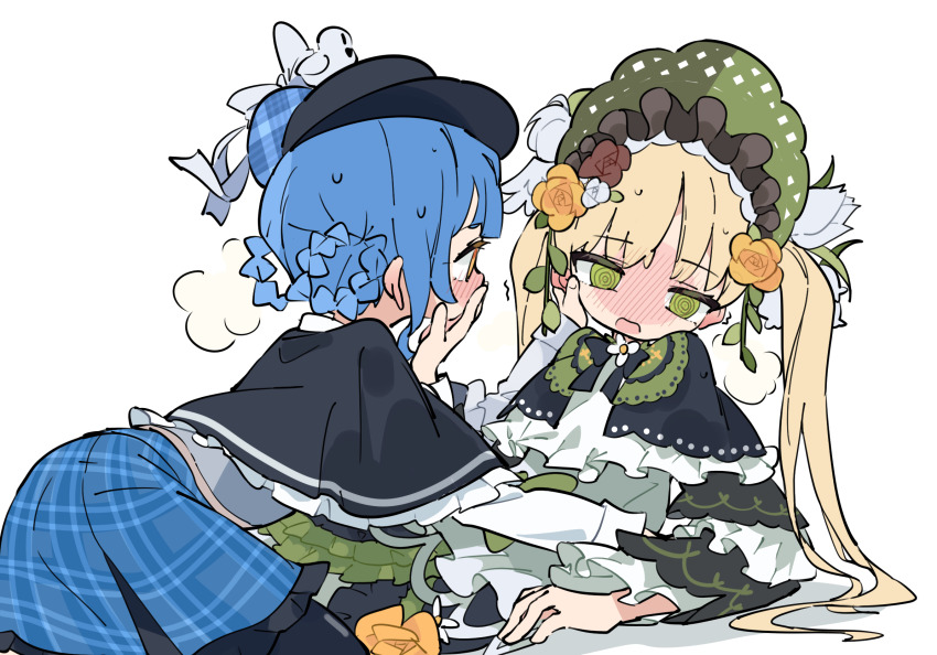 2girls 33puruspa @_@ averting_eyes black_capelet black_hat blonde_hair blue_hair blue_skirt blush bonnet braid braided_hair_rings breath brown_flower brown_rose capelet chinese_commentary commentary_request covering_another&#039;s_mouth deerstalker dress embarrassed flower frilled_dress frills full-face_blush girl_on_top green_bonnet green_dress green_eyes hair_rings hat highres lolita_fashion long_hair long_sleeves looking_at_another lying mahou_shoujo_no_majo_saiban multiple_girls on_back open_mouth plaid_clothes plaid_skirt rose short_hair simple_background skirt tachibana_sherry tono_hanna twintails white_background yellow_eyes yellow_flower yellow_rose yuri