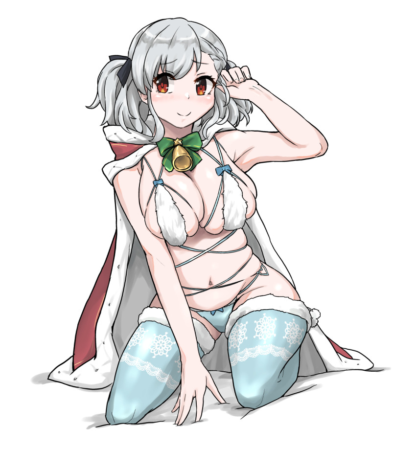 1girl adjusting_hair arm_between_legs arm_up belly bikini black_ribbon blue_bikini blue_thighhighs bow bowtie breasts cape closed_mouth cosplay dot_nose embarrassed feet_out_of_frame female_focus girls&#039;_frontline green_bow green_bowtie grey_hair hair_ribbon highres hood hood_down hooded_cape kneeling large_breasts looking_at_viewer medium_hair navel niceratus_kiotensis red_cape red_eyes ribbon simple_background smile solo spas-12_(girls&#039;_frontline) swimsuit thighhighs twintails two-tone_cape vsk-94_(christmas_eve_detective)_(girls&#039;_frontline) vsk-94_(christmas_eve_detective)_(girls&#039;_frontline)_(cosplay) white_background white_cape