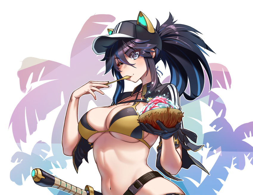 1girl ;) agustinus animal_ears baseball_cap belt bikini black_bikini black_gloves black_hair black_hat black_shrug blue_hair blush breasts cleavage commentary english_commentary fake_animal_ears food gloves hat highres kson kson_(swimsuit) large_breasts long_hair mole mole_under_eye multi-strapped_bikini_top multicolored_bikini multicolored_hair official_alternate_costume official_alternate_hairstyle one_eye_closed ponytail shaved_ice sheath sheathed shrug_(clothing) sidelocks single_glove smile streaked_hair swimsuit two-tone_bikini underboob virtual_youtuber vshojo yellow_bikini