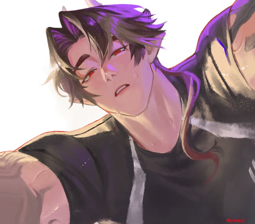 1boy arknights black_hair black_shirt chongyue_(arknights) commentary crew_neck curtained_hair english_commentary from_below highres horns jirouryuunosuke long_hair male_focus muscular muscular_male shirt short_sleeves simple_background solo sweat very_sweaty white_background