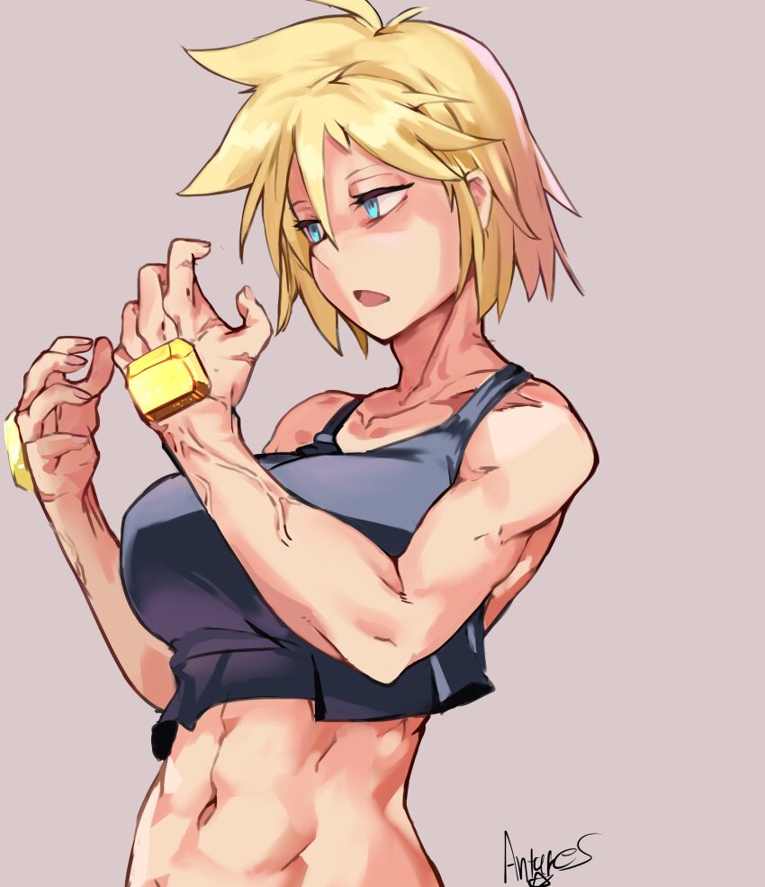 1girl abs absurdres antares_topaz antenna_hair aqua_eyes bare_shoulders black_sports_bra blonde_hair blue_eyes breasts collarbone commentary english_commentary fingernails gem_in_body gloom_(expression) highres large_breasts medium_hair muscular muscular_female navel open_mouth portrait scar scar_on_hand scar_on_shoulder signature solo sports_bra star_(symbol) star_linker tongue topaz_(antares_topaz) veins veiny_arms veiny_hands