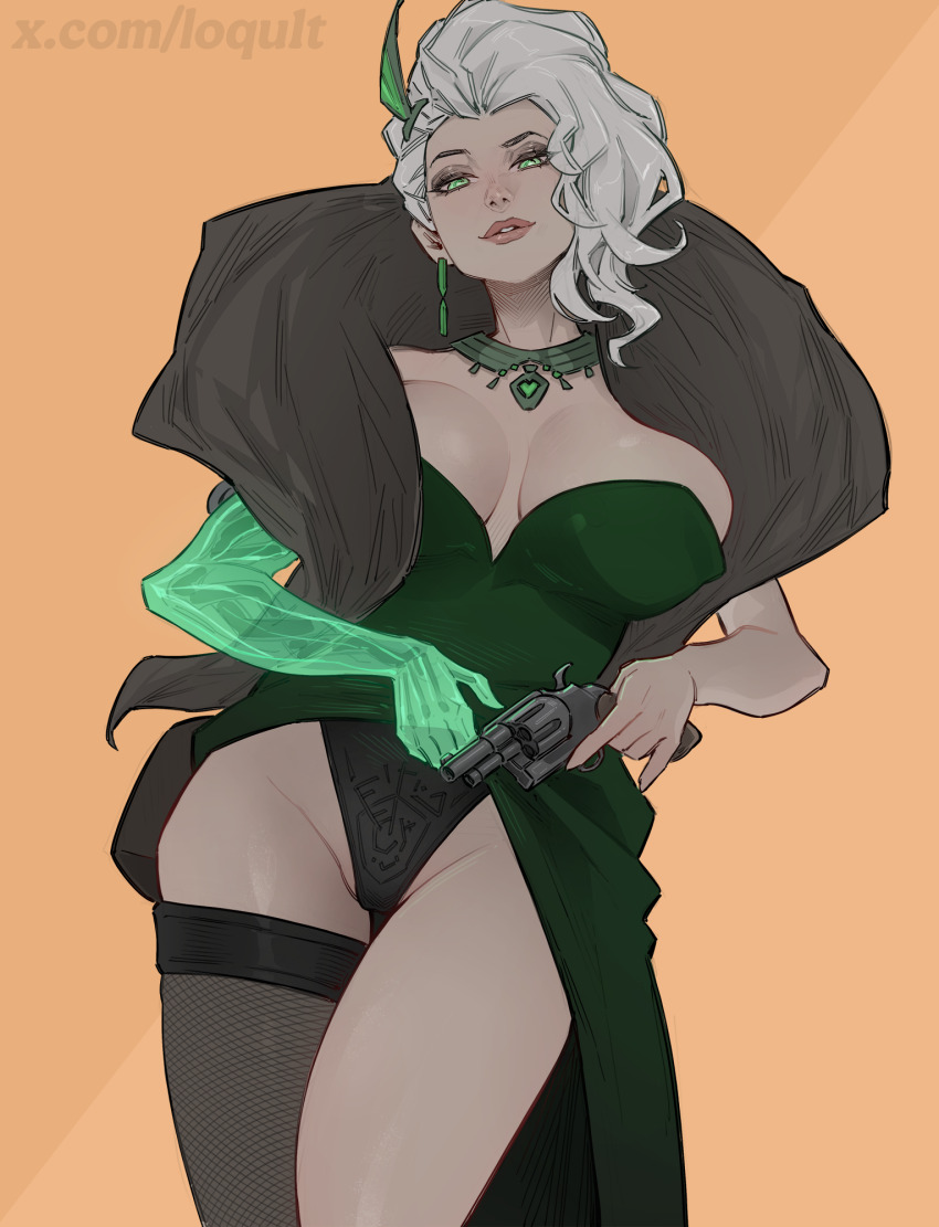 breasts cameltoe cleavage clothes_lift deadlock dress formal_clothes green_eyes highres lady_geist lady_geist_(deadlock) large_breasts lifting_own_clothes looking_at_viewer loqu1t mature_female skirt skirt_lift smirk thighhighs weapon white_hair