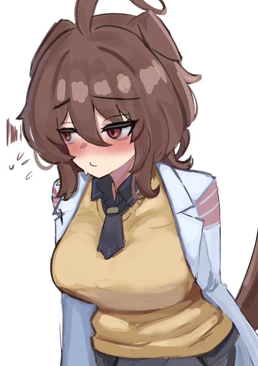 1girl absurdres agnes_tachyon_(umamusume) ahoge animal_ears blush breasts brown_hair coat eyelashes highres horse_ears horse_girl horse_tail iog626 lab_coat large_breasts looking_to_the_side medium_hair messy_hair necktie open_clothes open_coat red_eyes short_necktie solo sweat sweater sweater_vest tail umamusume white_background white_coat wolf_cut yellow_sweater yellow_sweater_vest