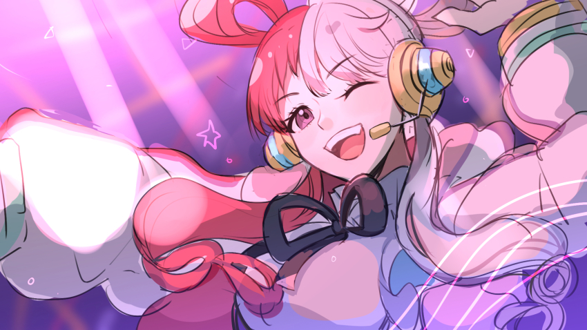 1girl arms_up behind-the-head_headphones collared_shirt hair_rings headphones highres hood hood_down hoodie jacket letterman_jacket long_sleeves multicolored_hair one_eye_closed one_piece open_clothes open_hoodie open_mouth pink_hoodie red_hair shirt smile solo split-color_hair star_(symbol) teeth two-tone_hair two-tone_hoodie upper_teeth_only uta_(one_piece) white_hair white_hoodie witchdalisweet