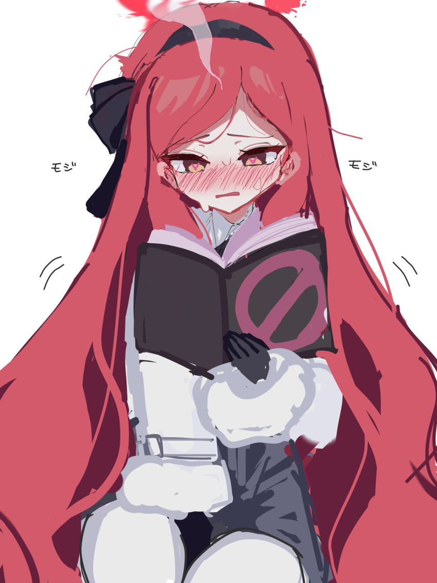 1girl black_gloves black_hairband blue_archive blush book clothes_lift dress dress_lift frilled_dress frills gloves grey_dress hairband halo highres holding holding_book jacket lifting_own_clothes long_hair long_sleeves no_symbol open_book pantyhose pleated_dress reading red_hair red_halo solo takane_(blue_archive) very_long_hair white_jacket white_pantyhose yellow_eyes