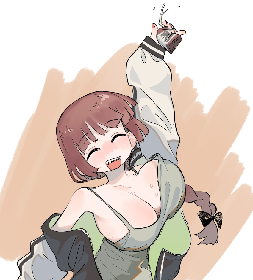 1girl ^_^ absurdres alcohol_carton alternate_breast_size_(larger) arm_up bare_shoulders bocchi_the_rock! bouncing_breasts bow braid breasts brown_hair cleavage closed_eyes commentary dress facing_viewer frogsnake green_dress hair_bow highres hiroi_kikuri holding huge_breasts jacket long_hair no_bra open_clothes open_jacket outstretched_arm sharp_teeth simple_background single_braid sleeveless sleeveless_dress smile solo teeth unaligned_breasts upper_body white_jacket