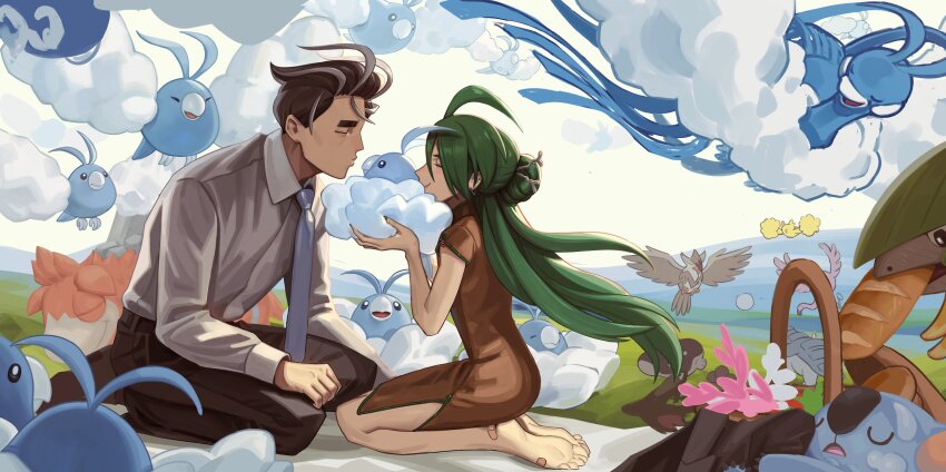 1boy 1girl ahoge altaria alternate_hairstyle baguette bandaid bandaid_on_foot barefoot bird black_hair blue_necktie bread brown_dress camerupt china_dress chinese_clothes chinese_commentary clodsire closed_eyes commentary_request donphan dress feet flamigo food game_freak gen_2_pokemon gen_3_pokemon gen_4_pokemon gen_7_pokemon green_hair grey_hair hair_bun highres holding holding_pokemon komala lake larry_(pokemon) multicolored_hair necktie nicca_(nicca11y) nintendo oricorio oricorio_(pom-pom) picnic pokemon pokemon_(creature) pokemon_sv rika_(pokemon) seiza single_hair_bun sitting soles staraptor streaked_hair swablu toes tropius two-tone_hair