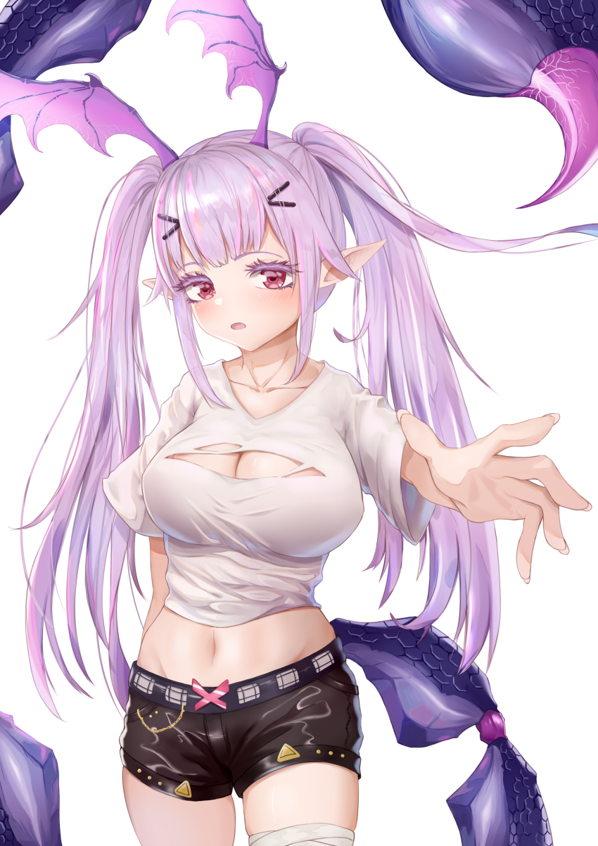 1girl absurdres arknights bandaged_leg bandages black_shorts breasts cleavage cleavage_cutout clothing_cutout commentary_request cowboy_shot crop_top groin hair_ornament hairclip head_wings highres large_breasts lewenxijian looking_at_viewer manticore_(arknights) midriff navel open_mouth pointy_ears purple_eyes purple_hair scorpion_tail shirt short_hair short_shorts shorts sidelocks simple_background solo standing stomach tail thighs twintails white_background white_shirt wings