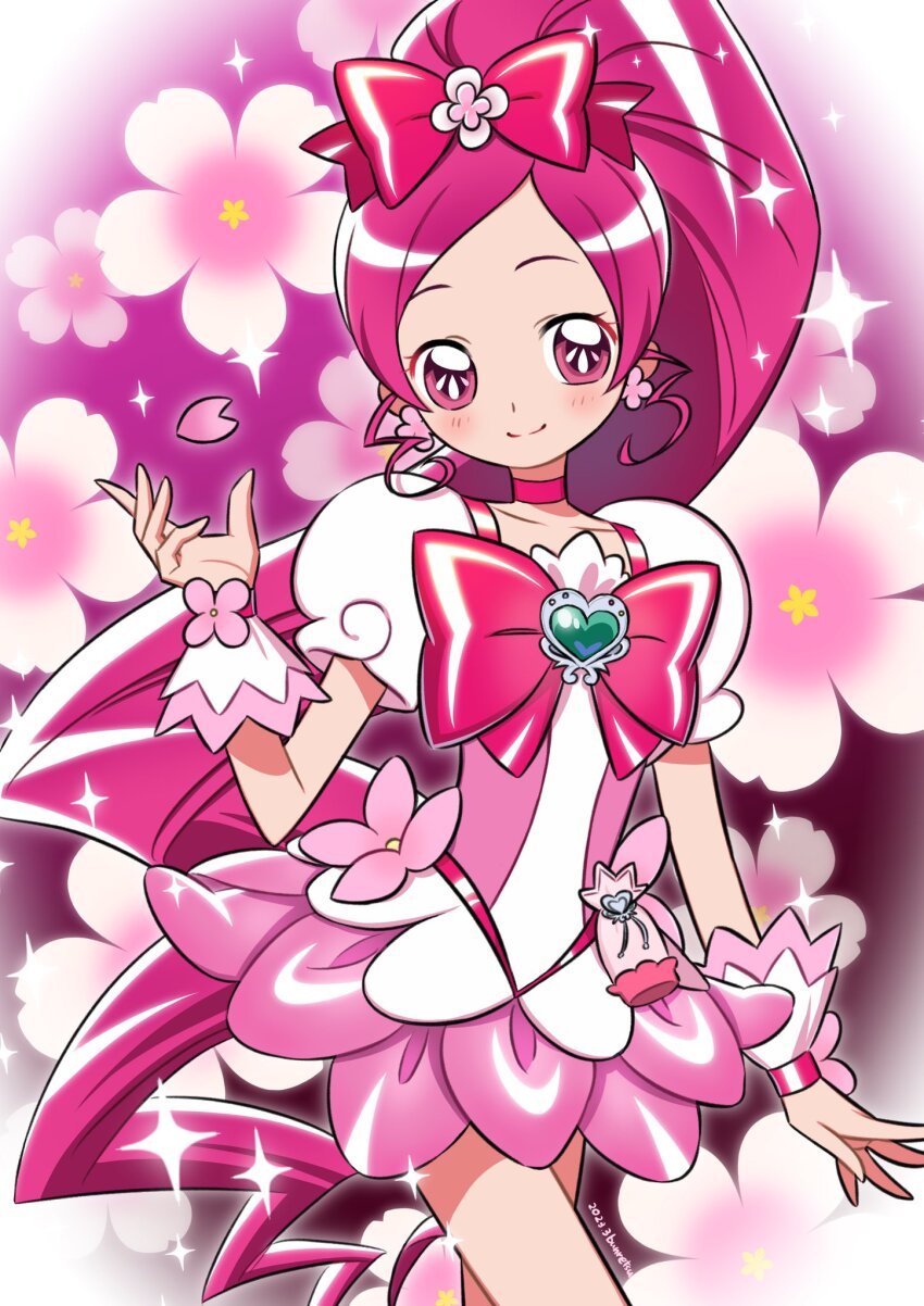 1girl brooch bun_(jewd5385) cherry_blossoms choker cure_blossom dress earrings flower_earrings hanasaki_tsubomi heart heart_brooch heartcatch_precure! high_ponytail highres jewelry long_hair magical_girl petals pink_background pink_choker pink_dress pink_theme ponytail precure puffy_sleeves smile solo