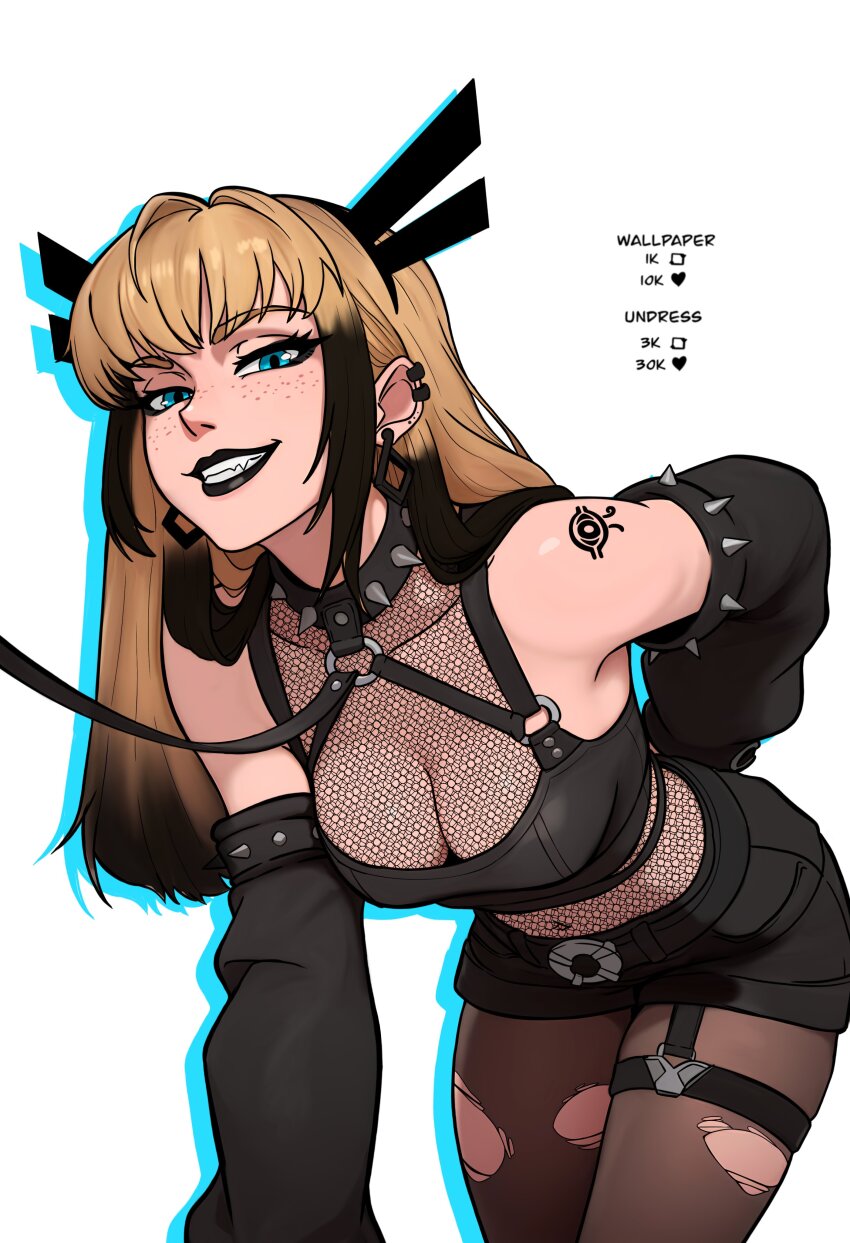 1girl absurdres ai-assisted arm_tattoo blonde_hair blue_eyes breasts cleavage_cutout clothing_cutout collar crop_top elbow_gloves gloves goth_fashion highres lips long_hair looking_at_viewer magik_(x-men) marvel marvel_rivals multicolored_hair navel redpostit short_shorts shorts solo tattoo thighhighs x-men