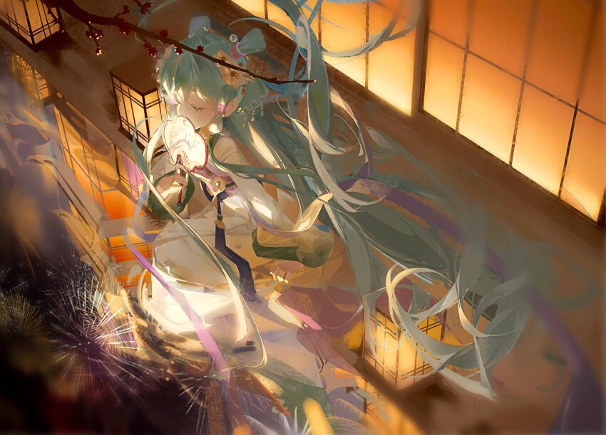 1girl architecture blue_hair branch closed_eyes covering_own_mouth double_bun east_asian_architecture facing_ahead fireworks flower full_body hair_between_eyes hair_bun hair_flower hair_ornament hair_spread_out hand_fan hatsune_miku highres holding holding_fan japanese_clothes kimono kneeling lantern long_hair long_sleeves mole mole_under_eye obi outdoors paper_fan paper_lantern plum_blossoms pond reflection reflective_water samo_(shichun_samo) sash shouji sidelocks sliding_doors solo tassel twintails uchiwa very_long_hair vocaloid water white_flower white_kimono wide_sleeves