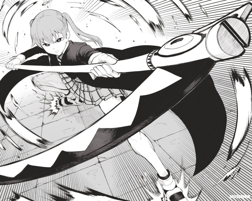 1girl absurdres coat gloves greyscale highres holding holding_scythe maka_albarn monochrome motion_lines pleated_skirt scythe skirt soul_eater soul_evans speed_lines speedl00ver standing twintails twitter_username