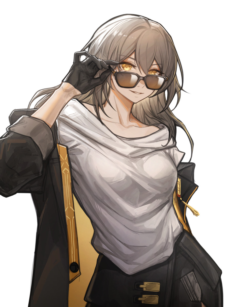 1girl absurdres black_gloves black_jacket black_skirt breasts collarbone commentary cowboy_shot deka_yo english_commentary gloves grey_hair hair_between_eyes hand_up highres honkai:_star_rail honkai_(series) jacket large_breasts long_hair looking_at_viewer open_clothes open_jacket shirt simple_background skirt smile solo stelle_(honkai:_star_rail) sunglasses trailblazer_(honkai:_star_rail) white_background white_shirt yellow_eyes