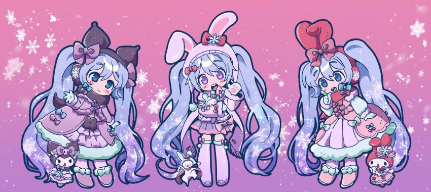 1girl animal_ears blue_eyes bow dress gloves gradient_background hareeangkki hatsune_miku hello_kitty_(character) index_finger_raised kuromi long_hair mittens multiple_views my_melody pink_dress pink_shoes purple_bow purple_dress purple_eyes purple_skirt rabbit_ears rabbit_yukine sanrio shoes skirt snowflakes thighhighs twintails very_long_hair vocaloid white_gloves yuki_miku