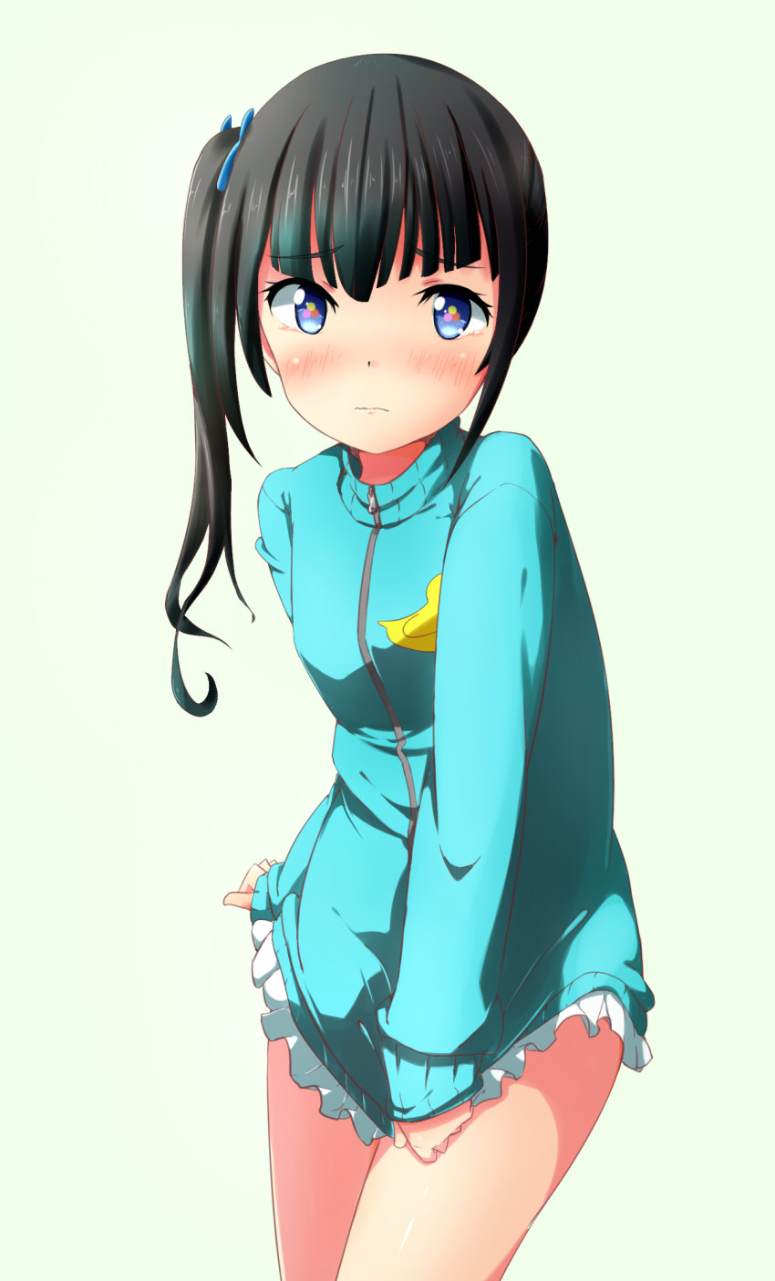 10s 1girl bad_id bad_pixiv_id black_hair blush covering_crotch covering_privates fantasista_doll female_focus highres jacket side_ponytail solo track_jacket ukiwa_(fantasista_doll) umibocchi