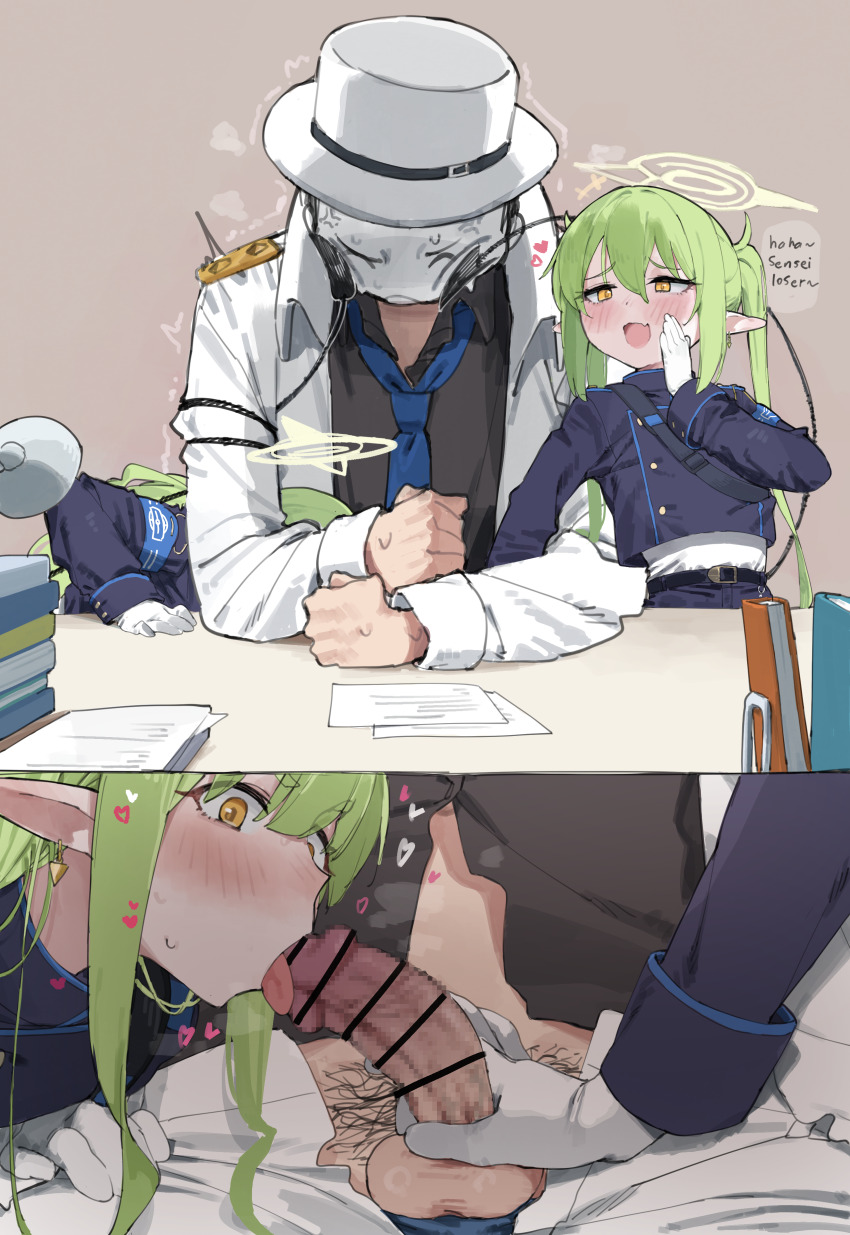 1boy 2girls absurdres anger_vein arm_rest armband bar_censor black_shirt black_tail blue_archive blue_armband blue_jacket blue_necktie blue_pants blush censored clenched_hand closed_eyes collared_shirt cropped_jacket demon_tail doodle_sensei_(blue_archive) double-parted_bangs english_text erection facing_down fang ffm_threesome gloves green_hair green_halo grey_background group_sex halo hand_rest hand_up hat heart highres hikari_(blue_archive) incest indoors jacket loli long_hair lonklink looking_at_another mosaic_censoring multiple_girls necktie nozomi_(blue_archive) open_clothes open_jacket open_mouth pants paper penis pubic_hair sensei_(blue_archive) shirt shirt_tucked_in siblings simple_background sisters skin_fang smug table tail tail_on_face testicles threesome tongue tongue_out top_hat twins twintails twitching white_gloves white_hat white_jacket white_shirt