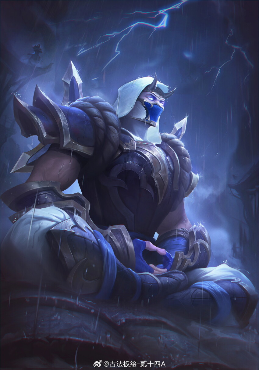 1boy 24a_(ershisiai) absurdres armor blue_gloves building fake_horns fingerless_gloves gloves highres hood hood_up horns indian_style league_of_legends lightning mask mouth_mask official_alternate_costume pants rain rope shen_(league_of_legends) shockblade_shen shoulder_armor shoulder_plates sitting solo_focus standing translation_request white_eyes white_pants