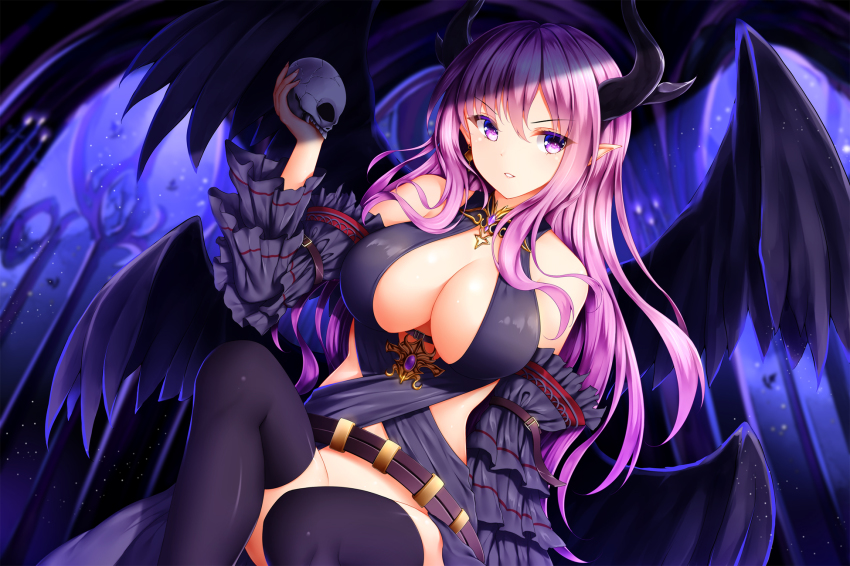 1girl bare_shoulders belt black_dress black_thighhighs blurry blurry_background breasts broken_skull cleavage criss-cross_halter demon_horns demon_wings detached_sleeves dress earrings female_focus full_moon gold_trim halterneck highres holding holding_skull horns jewelry knee_up large_breasts layered_sleeves light_particles long_hair looking_at_viewer lucifer_(shinkai_no_valkyrie) moon multiple_wings night no_bra no_panties open_clothes open_dress parted_lips pink_hair pointy_ears purple_eyes purple_hair shinkai_no_valkyrie sitting skull sky solo star_(sky) starry_sky strap thighhighs very_long_hair wings wsman