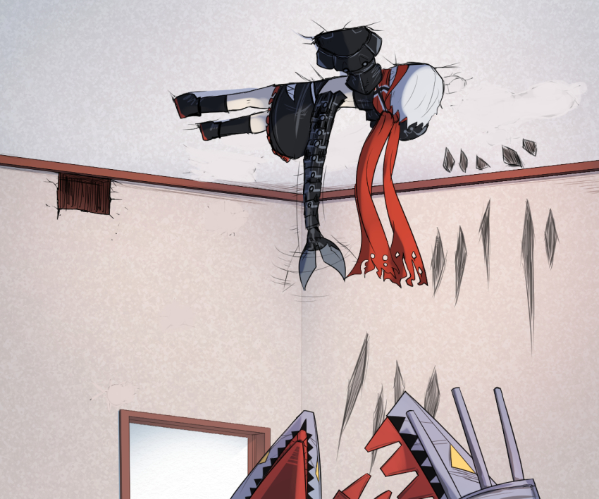 1girl admiral_graf_spee_(azur_lane) akaoni_(zumt3548) azur_lane black_boots black_dress black_socks boots ceiling cracked_ceiling dress frills full_body hole_in_ceiling hole_in_wall indoors kneehighs mechanical_hands mechanical_tail multicolored_hair red_hair red_scarf rigging scarf ship_turret short_hair socks solo streaked_hair tail tail_wagging wall white_hair window