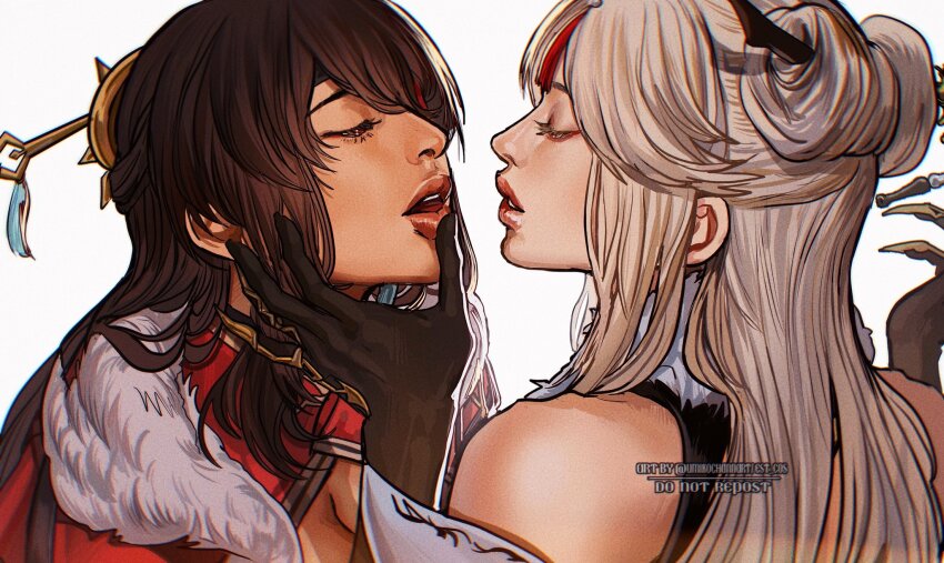 2girls artist_name bare_shoulders beidou_(genshin_impact) black_gloves brown_hair chinese_clothes closed_eyes commentary dress english_commentary eyeshadow fur_trim genshin_impact gloves hair_ornament hair_stick hand_on_another&#039;s_face highres imminent_kiss lips long_hair makeup multicolored_hair multiple_girls ningguang_(genshin_impact) open_mouth red_dress red_eyeshadow red_hair simple_background streaked_hair tassel tassel_hair_ornament teeth umikochannart upper_body white_background white_hair yuri
