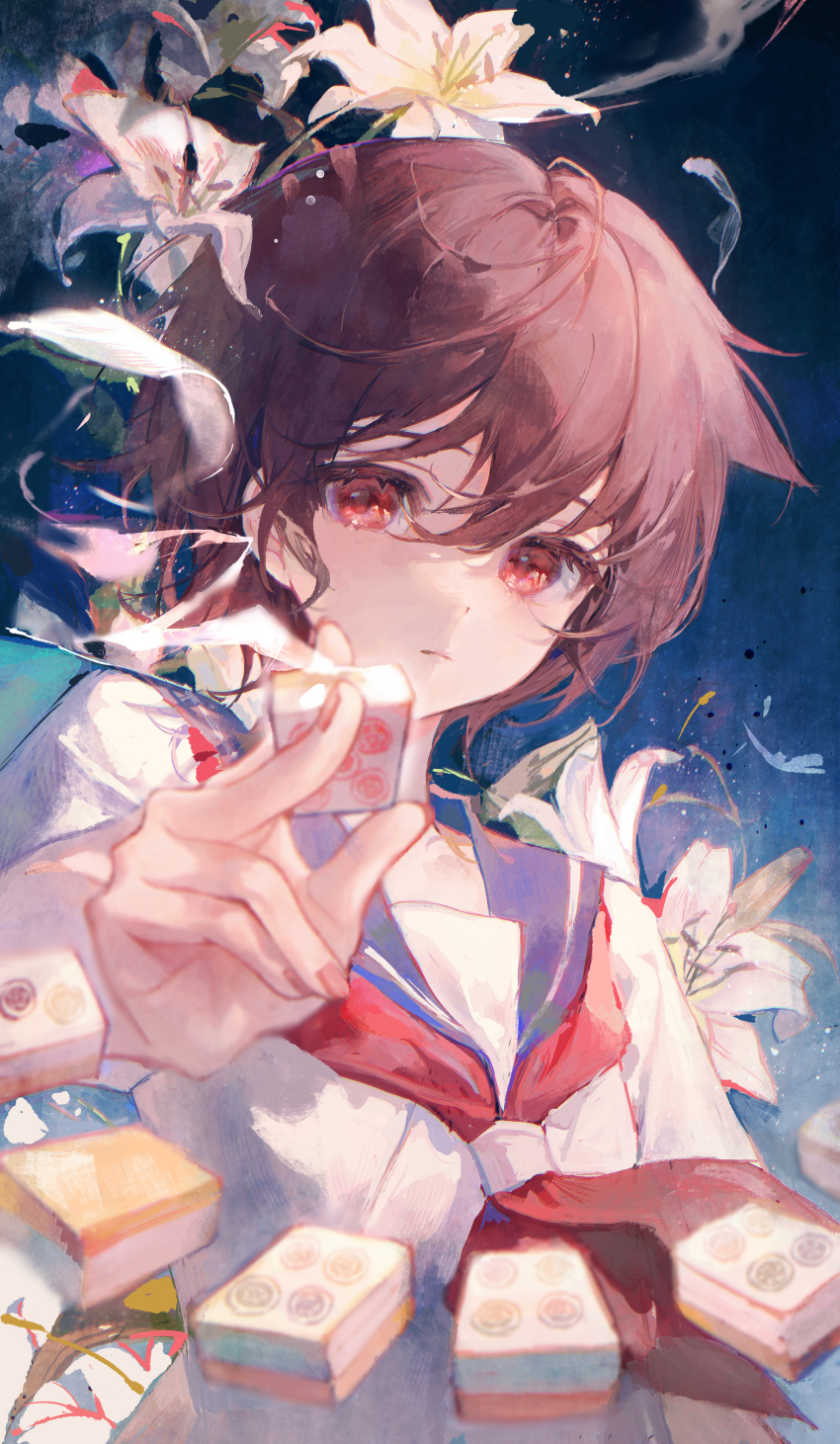 1girl absurdres brown_hair closed_mouth commentary flower hair_between_eyes highres holding holding_mahjong_tile kiyosumi_school_uniform looking_at_viewer maccha_(mochancc) mahjong mahjong_tile miyanaga_saki neckerchief red_eyes red_neckerchief sailor_collar saki_(manga) school_uniform shirt short_hair short_sleeves solo upper_body white_flower white_shirt
