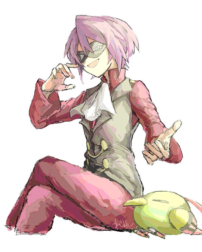1boy arm_up ascot black_vest blue_eyes closed_eyes collared_shirt commentary_request cropped_legs gen_2_pokemon hair_between_eyes high_collar highres jam_jam_odoro lapels long_sleeves male_focus mask natu nintendo notched_lapels open_mouth outstretched_arm pants pokemon pokemon_(creature) pokemon_hgss purple_hair red_pants red_shirt shirt short_hair simple_background sitting solo talons vest white_ascot white_background wide_sleeves will_(pokemon)