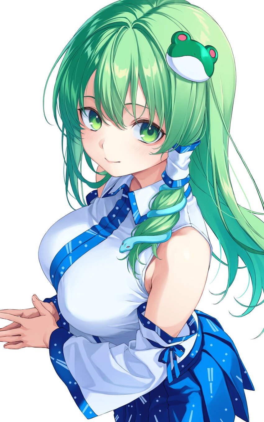 1girl absurdres blush breasts detached_sleeves frog_hair_ornament green_eyes green_hair hair_ornament hair_tubes highres kochiya_sanae large_breasts long_hair looking_at_viewer nameko_houshi nontraditional_miko shirt short_hair skirt smile snake_hair_ornament solo touhou