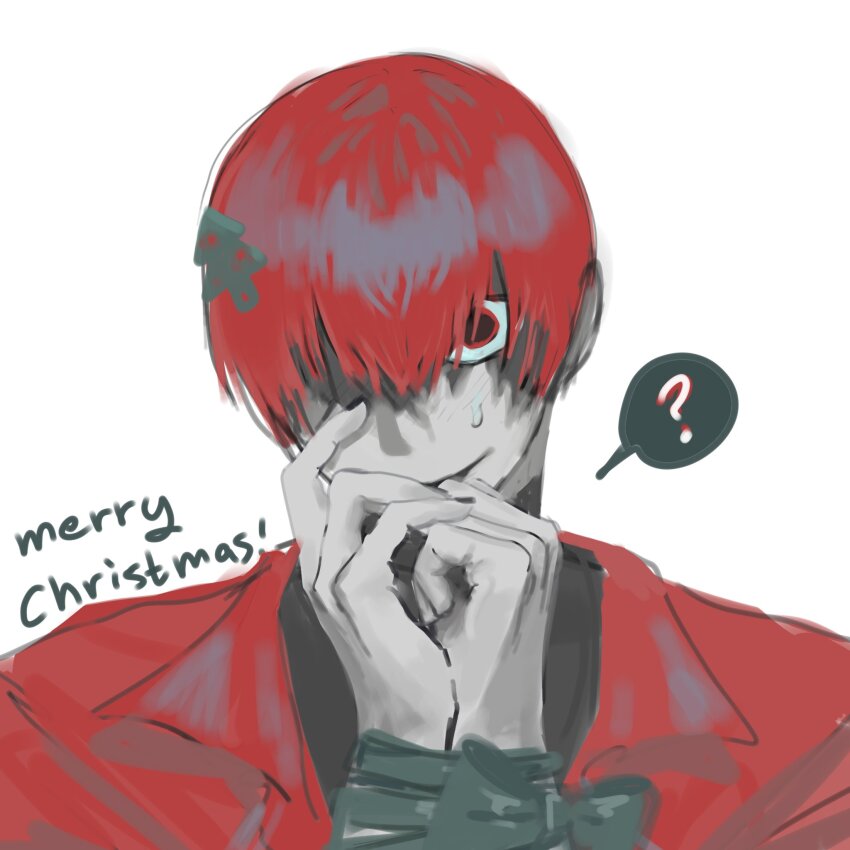 1boy bound bound_wrists christmas christmas_tree_hair_ornament coat dilated_pupils hair_ornament hair_over_one_eye highres homicipher korean_commentary looking_at_viewer male_focus merry_christmas mr._scarletella red_coat red_eyes red_hair ryeong120 short_hair simple_background solo upper_body white_background