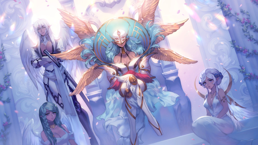 1boy 3girls amaryllis_(tevi) angel angel_wings artist_request character_request check_artist closed_mouth covered_eyes crossed_arms crossed_legs dark-skinned_female dark_skin ein_lee feathered_wings game_cg green_hair highres long_hair multiple_girls non-web_source pointy_ears sitting tevi tybrious_(tevi) white_hair wings