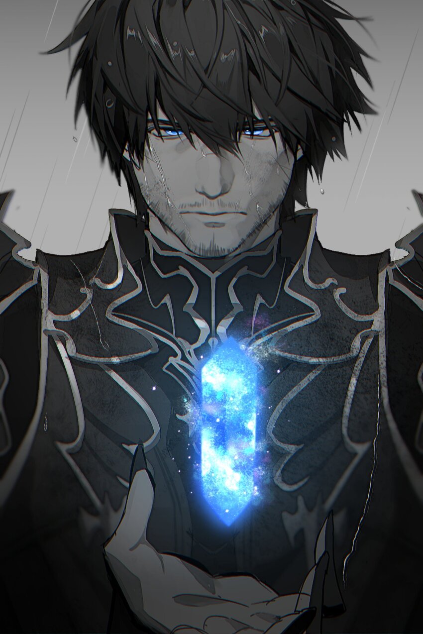 1boy adventurer_(ff14) beard blue_eyes closed_mouth crystal facial_hair final_fantasy final_fantasy_xiv grey_background highres limited_palette looking_at_viewer male_focus rain short_hair solo upper_body warrior_of_light_(ff14) zhi1900