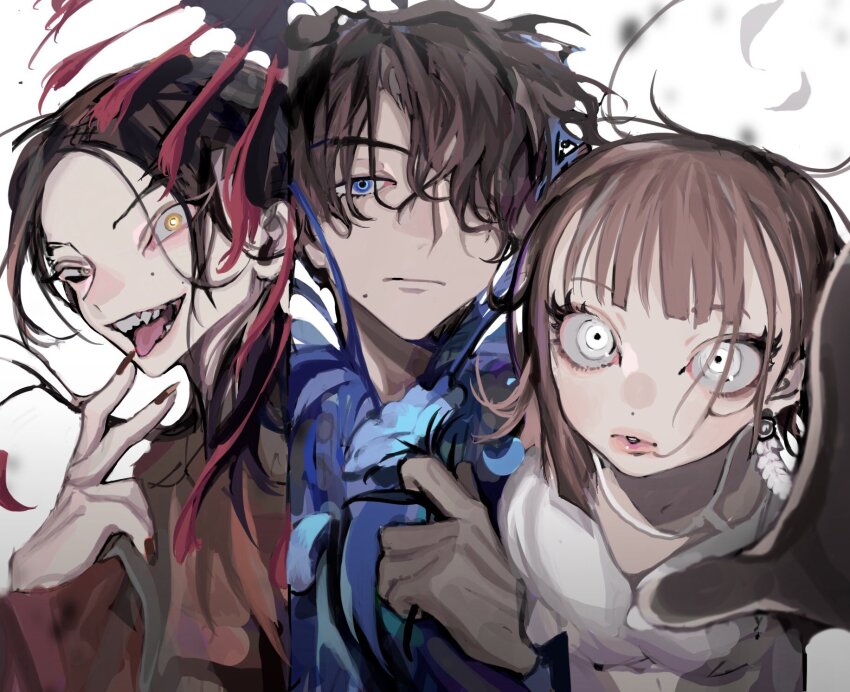 1girl 2boys animification avataro_sentai_donbrothers blue_eyes blue_jacket blue_vest brown_eyes brown_jacket commentary_request hair_over_one_eye highres jacket long_hair looking_at_viewer multiple_boys ponytail realzigaga short_hair sonoi_(donbrothers) sononi_(donbrothers) sonoza_(donbrothers) super_sentai umbrella upper_body vest weapon white_background white_jacket