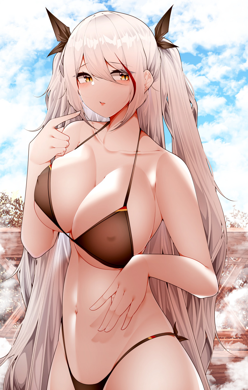 1girl absurdres azur_lane bikini black_bikini breasts cleavage covered_erect_nipples flag_print german_flag german_flag_bikini highres large_breasts long_hair multicolored_hair official_alternate_costume prinz_eugen_(azur_lane) prinz_eugen_(unfading_smile)_(azur_lane) red_hair samip side-tie_bikini_bottom streaked_hair swimsuit two-tone_hair very_long_hair white_hair