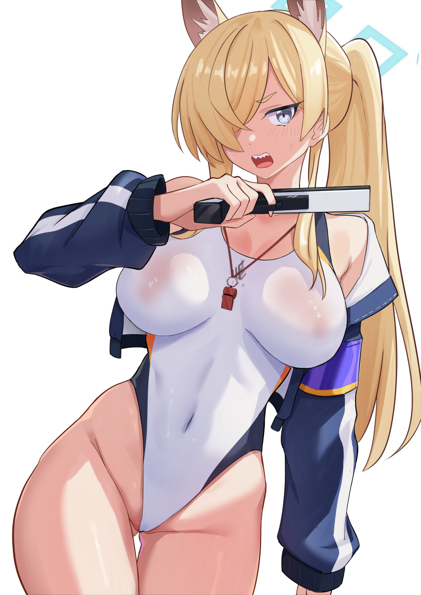 1girl absurdres blonde_hair blue_archive blue_eyes blue_halo blue_jacket blush boyin breasts competition_swimsuit covered_erect_nipples covered_navel cowboy_shot dog hair_over_one_eye halo highres holding jacket kanna_(blue_archive) kanna_(swimsuit)_(blue_archive) large_breasts long_hair long_sleeves looking_at_viewer official_alternate_costume one-piece_swimsuit open_mouth ponytail sharp_teeth simple_background solo swimsuit teeth whistle whistle_around_neck white_background white_one-piece_swimsuit