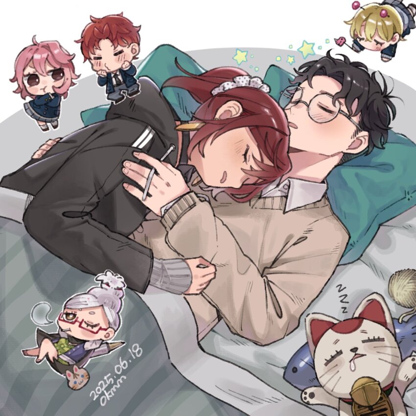 2boys 4girls :t antennae ayase_momo ayase_seiko beehive_hairdo bell black_hair black_hoodie black_jacket blanket blonde_hair blush brown_eyes brown_sweater chestnut_mouth chibi chibi_inset cigarette closed_eyes collared_shirt comimingming couple dandadan dated dress drooling enjoji_jin fish-shaped_pillow glasses green_dress grey_hair grey_pants head_on_another&#039;s_chest hetero highres hood hoodie jacket long_sleeves lying lying_on_person maneki-neko messy_hair multiple_boys multiple_girls neck_bell o3o on_back on_stomach open_mouth pants pillow pink_hair ponytail red-framed_eyewear red_hair semi-rimless_eyewear shiratori_aira_(dandadan) shirt sleeping smoking sweater sweater_vest takakura_ken_(dandadan) turbo_granny_(dandadan) vamola_(dandadan) yarn yarn_ball zzz
